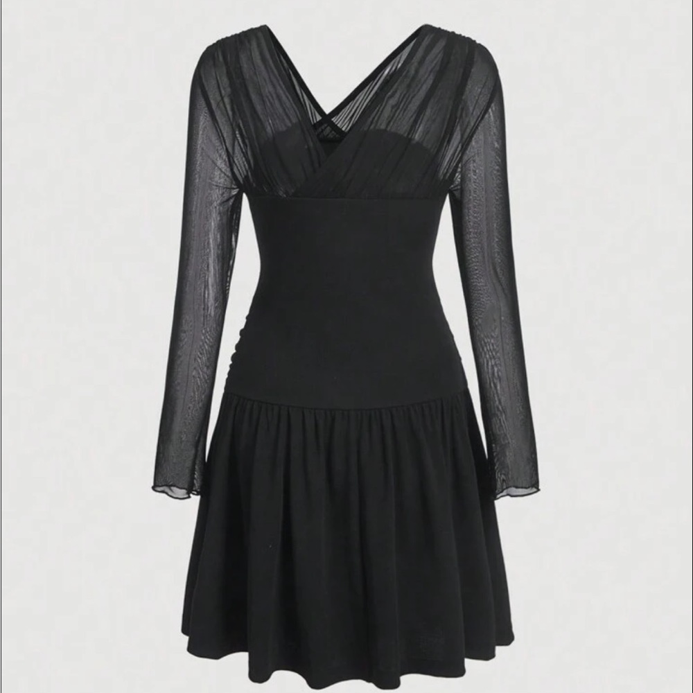 Asymmetrical Neck Ruched Ruffle Hem Mesh Dress - Picture 2 of 5